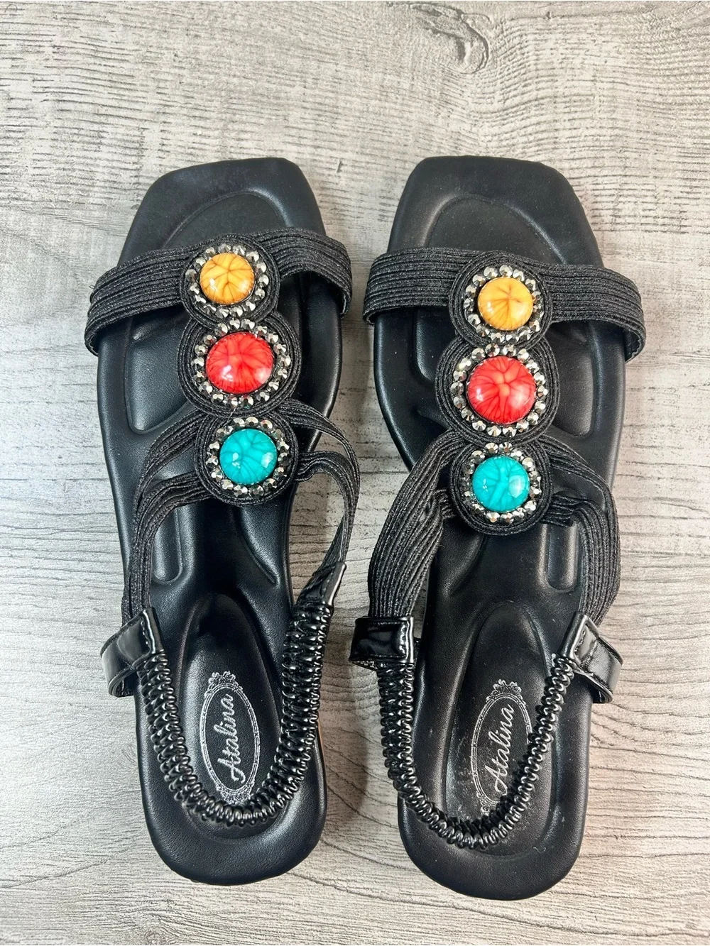 Women's Sandals Black with Turquoise, Red & Yellow Accents Size 10(41-41.5)